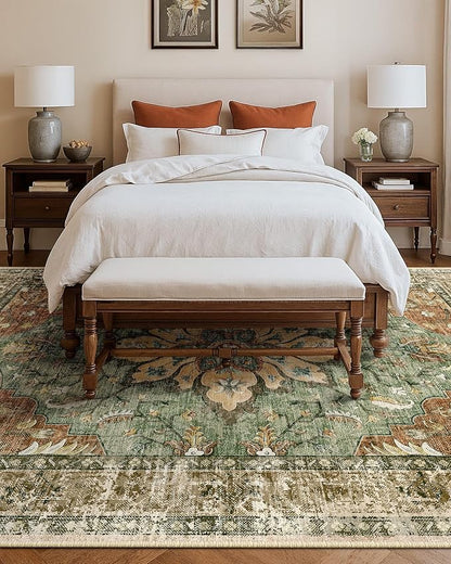 Area Rugs 10'x14' Washable Non-Slip, Floral Vintage Distress Print Pattern Medallion Carpet for Living Room Bedroom Dining Room, Brick Red Rust Neutral Brown Burnt Orange Green