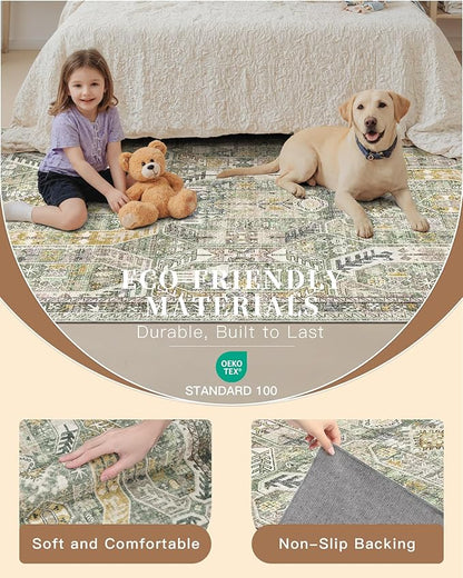 Madane Runner Rug 2x8, Washable Hallway Runner Rugs, Non-Slip Low-Pile Soft Kitchen Rug Runner Laundry Room Rug, Vintage Throw Entry Foyer Mat for Entrance Living Room (Green/Gold, 2 x 8)
