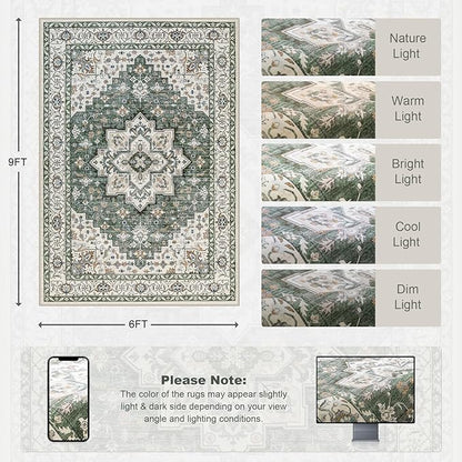 6x9 Area Rugs Living Room Rug: Washable Vintage Boho Medallion Rug No Slip Stain Resistant Soft Carpet Indoor Large Carpets for Bedroom Dining Room Farmhouse Nursery Hallway Home Office Green Ivory