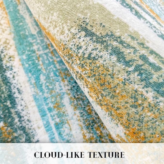 Lansny Modern Abstract 4x6 Living Room Washable Rug Non-Slip Soft Bedroom Area Rug Green Mustard Multi Thin Print Faux Wool Floor Carpet Throw Rugs for Nursery Playroom Dining Room Indoor Office