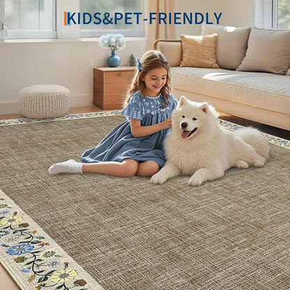 GarveeHome 4x6 Area Rugs for Bedroom Living Room Machine Washable Rugs Floral Bordered Small Carpet Non-Slip Stain Resistant Accent Carpet for Dining Room Table Apartment Office, Dark Camel