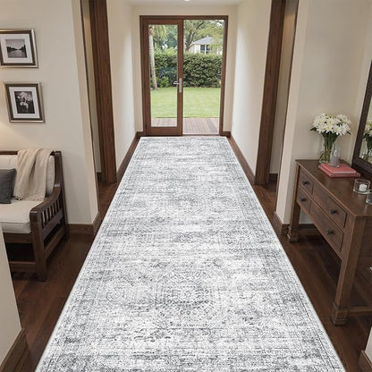4x10 Runner Rug, Washable Hallway Runner Rug with Non-Slip Backing, Low Pile Wide Runner for Living Room, Entryway, Kitchen, Soft Modern Home Decor Mat for Dining Room(4'x10', Grey/Ivory)