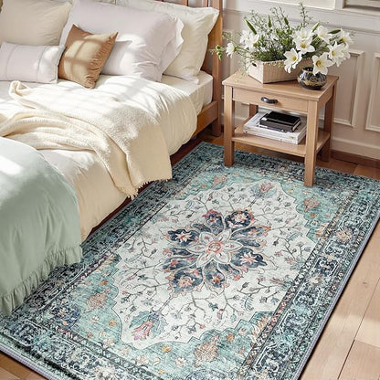 Area Rugs 6'x9' Washable Non-Slip, Floral Vintage Distress Print Pattern Medallion Carpet for Living Room Bedroom Dining Room, Green Navy Blue White Red Teal Colorful