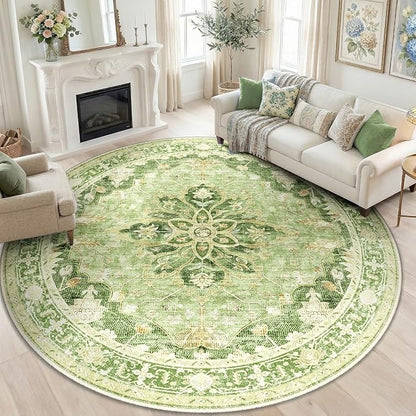 Area Rugs 8ft Washable Non-Slip, Floral Vintage Distress Print Pattern Medallion Carpet for Living Room Bedroom Dining Room, Sage Green Yellow