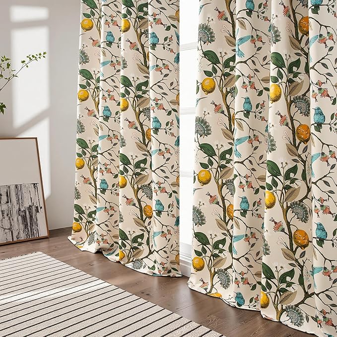 Topfinel Floral Curtains 96 Inches Long 2 Panels Unique Beige Luxury Elegant Colorful Euro Flower Hummingbird Patterned Rustic Vintage Grommet Drapes for Classroom Room Office Closet 52x96