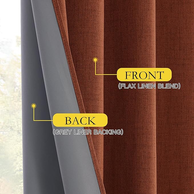 NICETOWN 100% Absolutely Blackout Linen Curtains with Thermal Insulated Liner, 62" Wide, 2 Panels, 120" Long Drapes, Grommet Retro Burnt Orange Linen Curtains Vertical Drapes Privacy for Bedroom