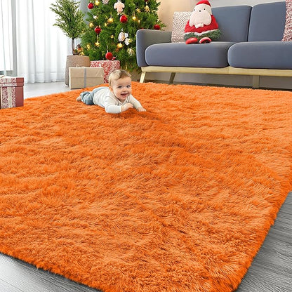 OLANLY 9x12 Machine Washable Large Area Rugs for Living Room, Bedroom, Soft Fluffy Shaggy Bedside Rug, Indoor Floor Carpet for Kids Girls and Boys, Dorms, Nursery, Home Decor Aesthetic, Orange