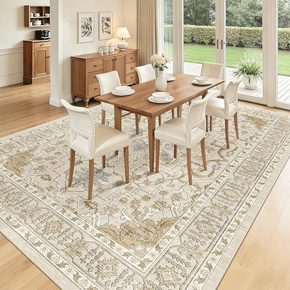 Madane Washable Rug 8x10 Area Rugs for Living Room, Ultra-Thin Non-Slip Backing Rug, Stain Resistant Vintage Large Area Rug for Bedroom (Beige/Blue, 8'x10')