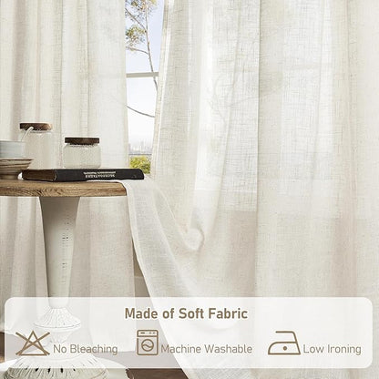 LAMIT Natural Linen Boho Curtains 80 inch Length 2 Panels, Cream Ivory Light Filtering Semi Sheer Panels Back Tab and Rod Pocket Neutral Drapes for Bedroom/Living Room, 34 x 80 Inch