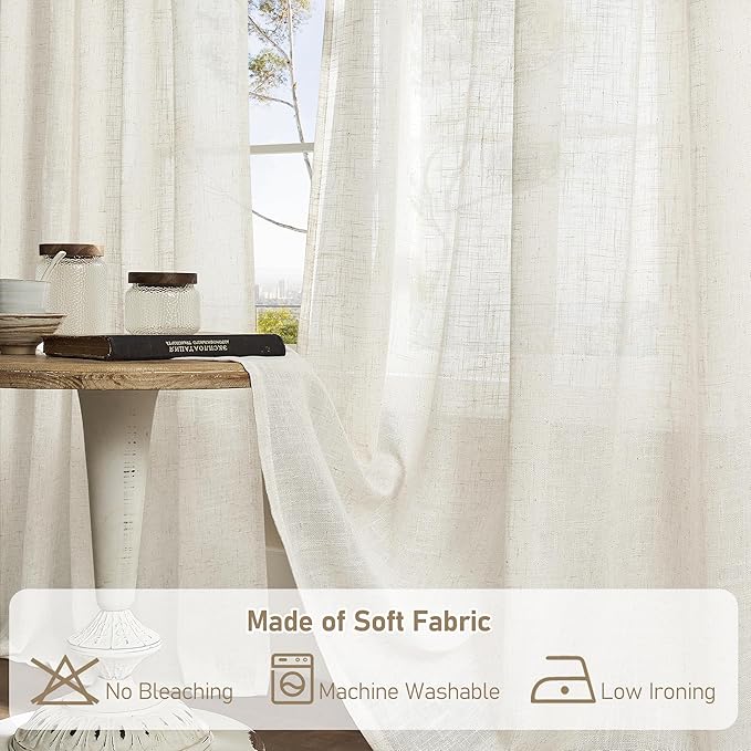 LAMIT Natural Semi Sheer Linen Curtains 60 Inch, Light Filtering Neutral Window Panels Farmhouse Boho Back Tab and Rod Pocket Drapes for Bedroom, Cream Ivory, 2 Panels, 52 x 60 Inch