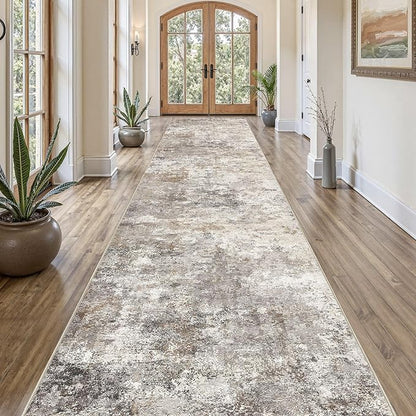 UERMEI 3X16 Washable Runner Rug for Hallway: Soft Neutral Modern Abstract Area Rug - Non-Slip Low Pile Long Throw Indoor Carpet for Kitchen Entryway Kitchen Bedroom Laundry - Brown Grey