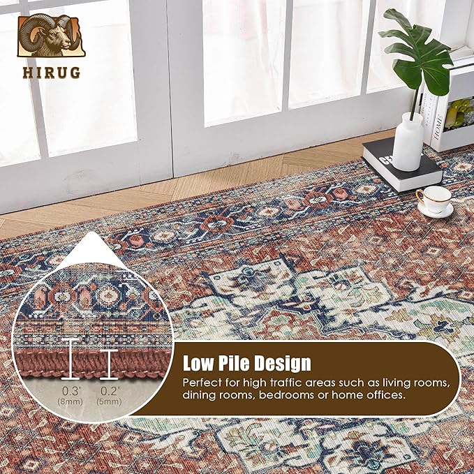 Washable Area Rug 4' x 6' Vintage Traditional Persian Mat - Foldable Distressed Non-Slip Machine Washable Carpet for Living Room Bedroom Kitchen Home Decor - Terracotta and Navy