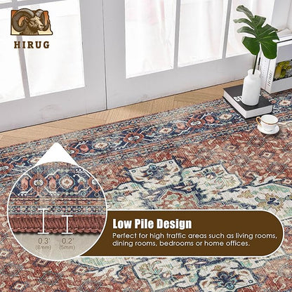 Washable Area Rug 4' x 6' Vintage Traditional Persian Mat - Foldable Distressed Non-Slip Machine Washable Carpet for Living Room Bedroom Kitchen Home Decor - Terracotta and Navy