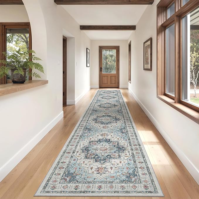 Madane Hallway Runner Rug 2'6''x16' Kitchen Runner - Non Slip Vintage Runners for Hallways Washable Kitchen Rugs Soft Low Pile 2.5x16 ft Rug Runner for Laundry Room, Entryway and Bedroom, Blue
