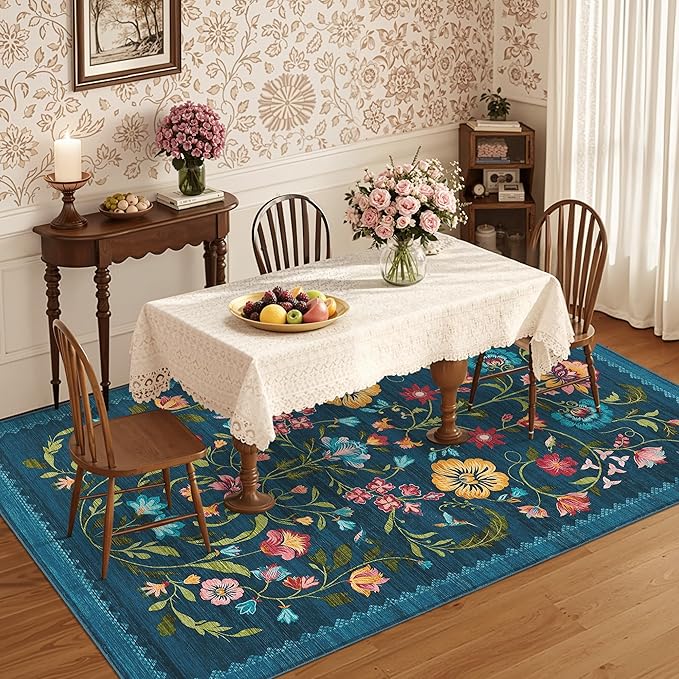 GarveeHome Washable Rug 3x5 Area Rugs for Living Room, Floral Rug for Bedroom, Soft Boho Non Slip Throw Rugs with Rubber Back, Low Pile Stain Resistant Vintage Floral Carpet for Dining Room, Blue