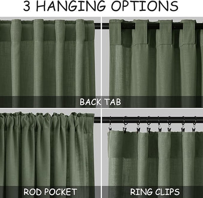 Nanspring Olive Green Linen Curtains for Living Room 2 Panels Set 144 Inch Length Back Tab Light Filtering Semi Sheer Curtain Drapes for Bedroom 52x144
