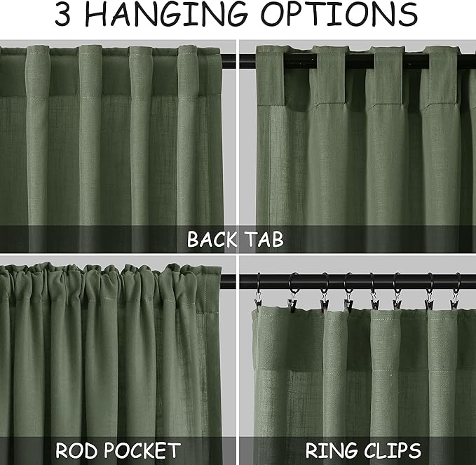 Nanspring Olive Green Linen Curtains 63 Inches Length 2 Panels Set for Living Room Back Tab Pocket Aesthetic Neutral Light Filtering Semi Sheer Drapes Cotton Linen Textured Curtain 52X63 Inches