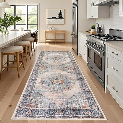 Washable Hallway 4x8 Runner Rug: Non-Slip Hallway Runner Rug Stain Resistant Durable Soft Kitchen Rugs Low Pile Thin Indoor Carpet for Living Room Bedroom Bathroom (Blue, 4X8)