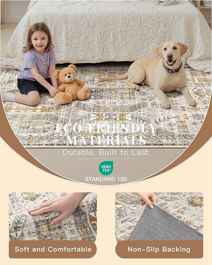 Madane Washable Area Rug 2x3, Small Entryway Rug Non-Slip Vintage Door Mat Indoor Entrance, Low Pile Floor Carpet for Inside Front Door Bedroom Kitchen Entry Laundry (2'x3', Brown/Gold)