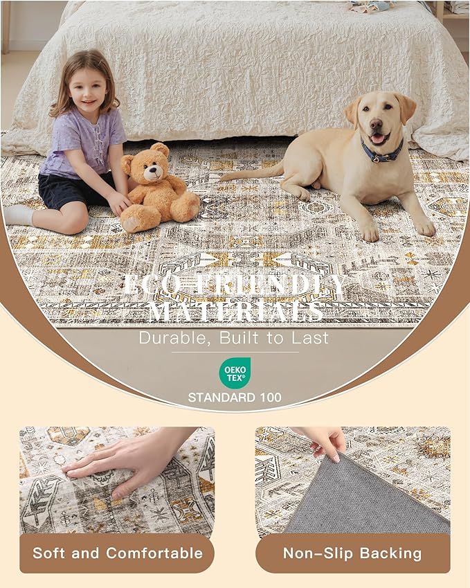 Madane 6x9 Area Rugs for Living Room, Stain Resistant Washable Rugs, Non-Slip Backing Area Rug, Vintage Home Decor Rug for Bedroom (Brown/Gold, 6'x9')