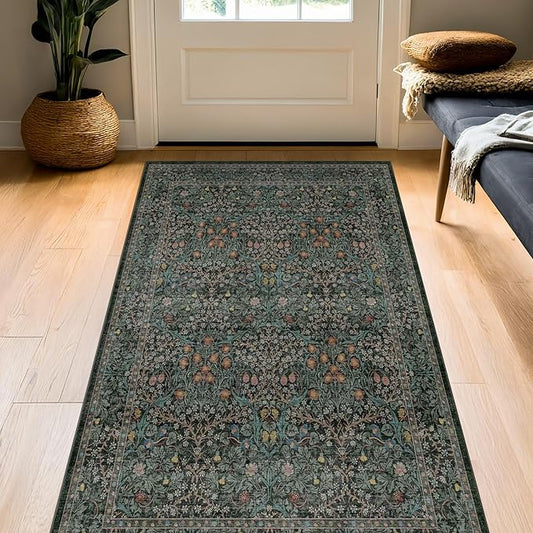 Dark Green Washable 3x6 Large Entryway Runner Rug Indoor, Non-Slip Floor Rugs for Kitchen, Bedroom, Bathroom Beside Bed, Stain & Fade Resistant, Vintage Floral Design
