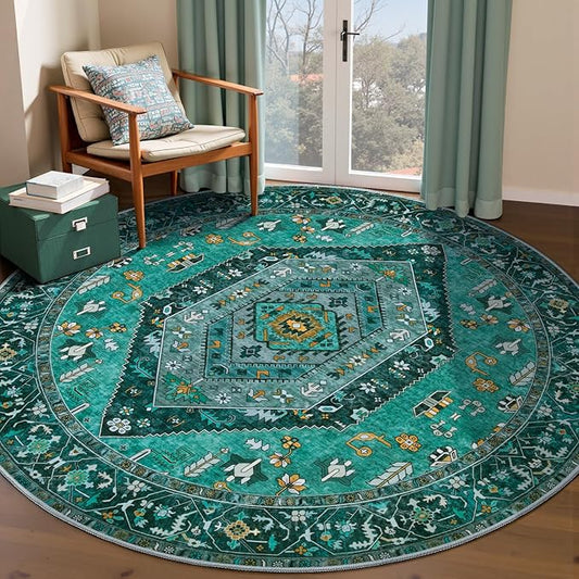 SERISSA Boho Round Area Rug, 5ft Washable Non-Slip Circle Rug, Ultra Soft Oriental Vintage Teal Low-Pile Circular Carpet for Bedroom Entryway Kids Room Office College Dorm Living Room