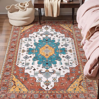 SERISSA Area Rug 3x5 Boho Orange Rugs for Bedroom, Washable Kitchen Rugs Non-Slip, Ultra Soft Print Distressed Vintage Entry Rug Low-Pile Throw Rug Carpet for Nursery Living Room Dorm Decor