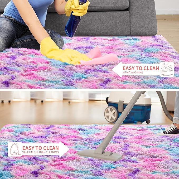 Tepook Soft Rainbow Rug for Girls Room, Cute Fluffy Girls Bedroom Rugs, 2x6 Feet Shaggy Princess Rug Colorful Carpet for Kids Teens Toddler Playroom Nursery Reading Nook, Hot Pink