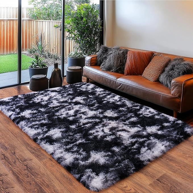 Rugs for Living Room 10x14, Soft Shaggy Modern Shag Area Rug for Bedroom, Upgrade Non-Slip Plush Fluffy Carpet for Kids Boys Girls Room Home Decor Aesthetic,Black and White
