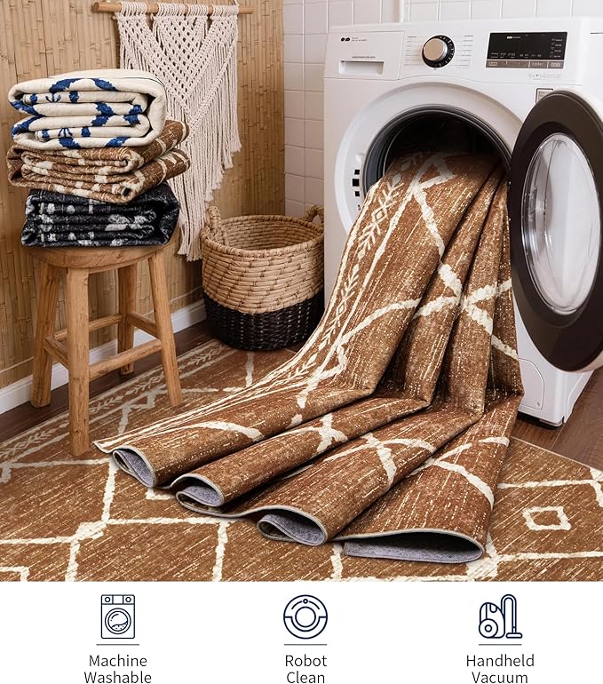 YIHOUSE Western Rugs for Living Room, 8x10 Moroccan Area Rug, Aztec Burnt Orange Large Rug, Southwestern Soft Low-Pile Washable Rugs for Bedroom, Dining Room