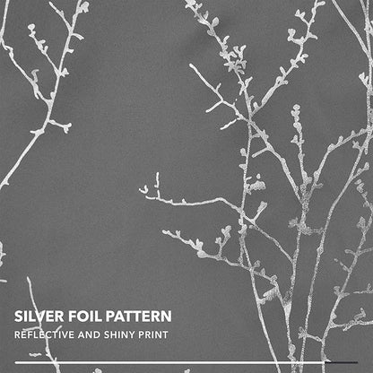 Deconovo Grey Blackout Curtains for Bedroom, Thermal Insulated Soundproof Drapes, Silver Branch Foil Print, 42 x 72 Inches Long, 2 Panels, Machine‑Washable Grommet Window Panel for Living Room Office