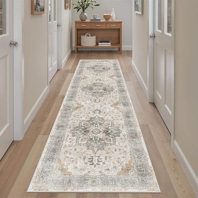 Madane Runner Rug 2x8, Washable Hallway Runner Rugs, Non-Slip Low-Pile Soft Kitchen Rug Runner Laundry Room Rug, Vintage Throw Entry Foyer Mat for Entrance Living Room (Light Taupe Brown, 2 x 8)