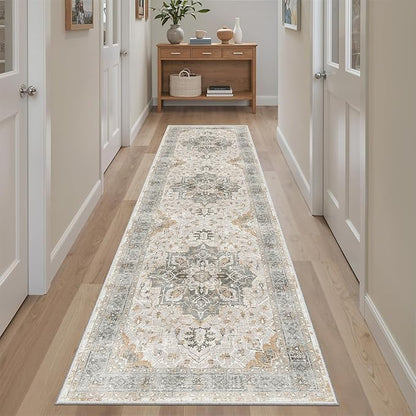 Madane Runner Rug 2x8, Washable Hallway Runner Rugs, Non-Slip Low-Pile Soft Kitchen Rug Runner Laundry Room Rug, Vintage Throw Entry Foyer Mat for Entrance Living Room (Light Taupe Brown, 2 x 8)