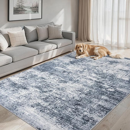 Area Rugs 10x14 Living Room - Washable Rug Modern Abstract Soft Large Neutral Non-Slip Carpet Indoor Floor Thin Carpets for Bedroom Dining Room Farmhouse Nursery Home Office Grey Blue
