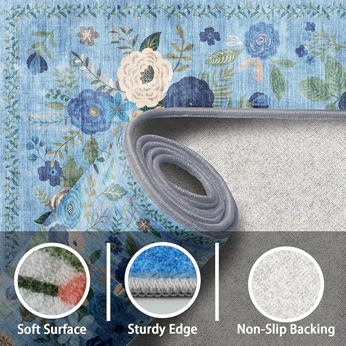 Washable Area Rug 8x10, Large Soft Rugs for Living Room Floral Blue Carpet 8x10 Area Rugs for Bedroom Dining Room Non-Slip Stain Resistant Under Table Rug (8 x 10, Blue Lawn)
