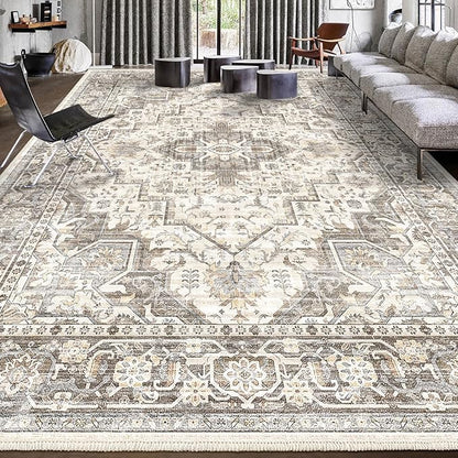 Area Rug Machine Washable Rug 10'x13' - Vintage Design Large Area Rugs with Non Slip Rugs for Living Room Bedroom,Stain Resistant, Home Decor Office Area Rug (Beige Brown 10'x13')