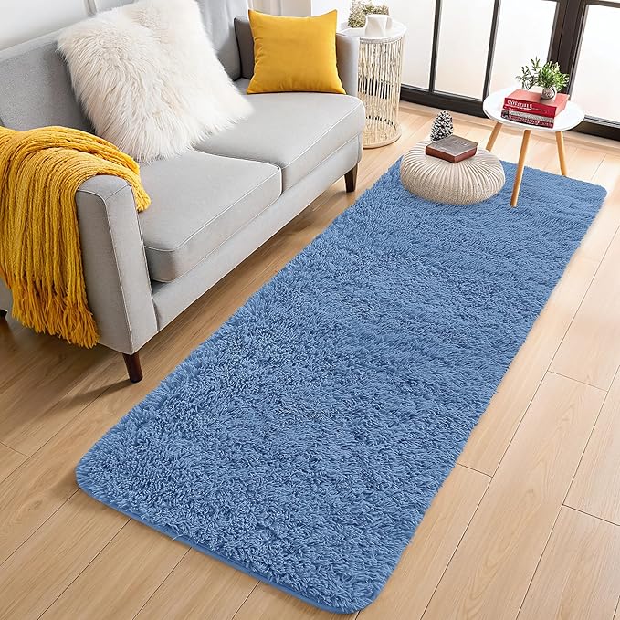 OLANLY 2x5 Machine Washable Runner Rugs for Hallway, Soft Fluffy Shaggy Bedside Rugs for Bedroom, Living Room, Indoor Floor Carpet for Kids Girls and Boys, Home Decor Aesthetic, Blue