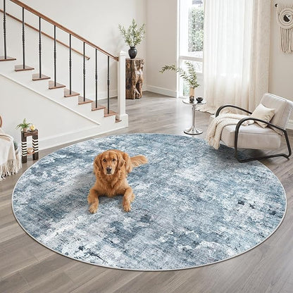 9x9 Blue/Grey Round Rug 9ft Living Room Circle Rug Vintage Round Area Rug Non Slip Indoor Carpet for Apartment