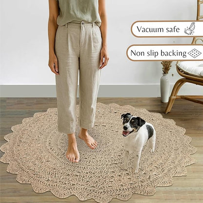 Hausattire Hand Woven Jute Crochet Rug, 3’ Round – Natural, Anti-Slip Accent Boho Entry Area Rugs for Kitchen, Living Room I Farmhouse Decorative Floor Rug, 3 Feet Round