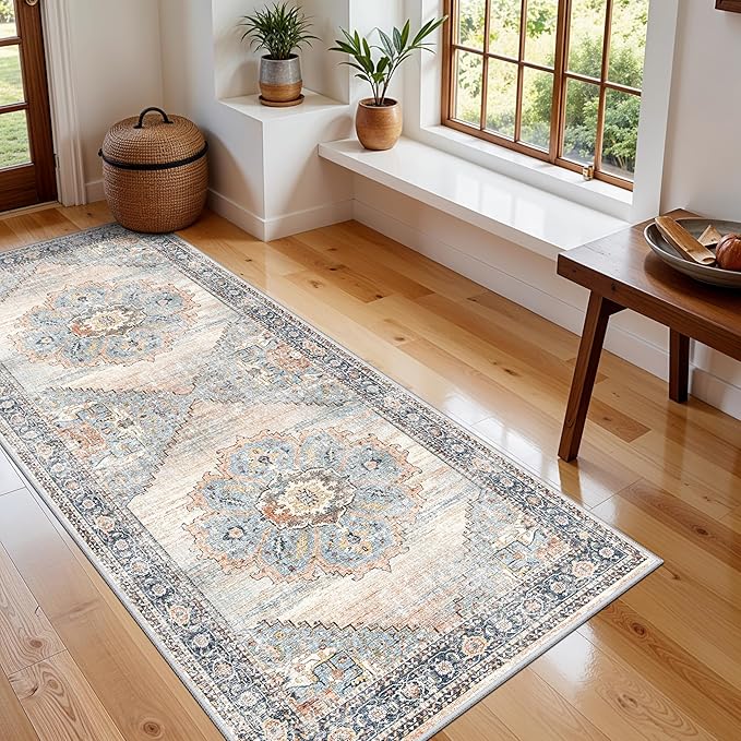 Non-Slip Kitchen Runner Rug 3x6 - Washable Low Pile Stain Resistant Hallway Entryway Carpet for Bathroom Indoor Soft Comfort Floor Mat for Bedside & Sink Area (Blue, 3X6)