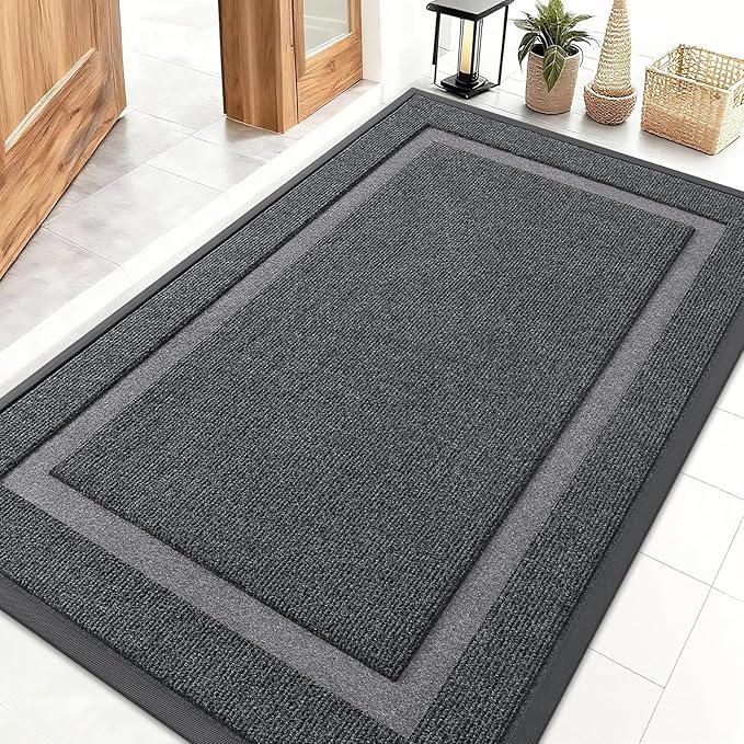 OLANLY Front Door Mat Indoor Outdoor Entrance, Waterproof All-Season, All-Weather Doormat, Sturdy Natural Rubber, Fade Resistant, Low Profile, Easy Clean Patio Porch Entryway Mat, 47x30, Grey