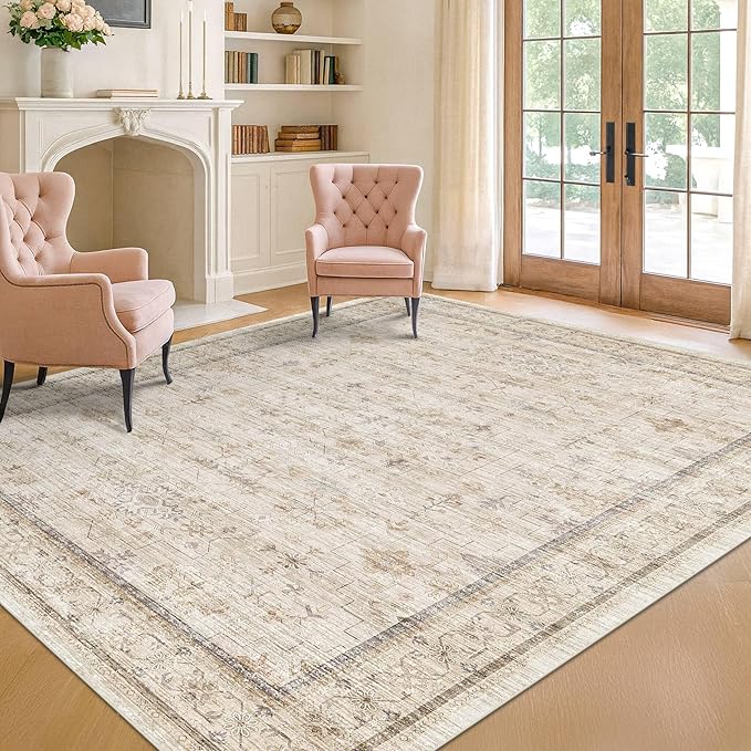 Washable Cream Rug 4x6 for Office, Bedroom, Non Slip Rugs for Kitchen, Mudroom, Low Pile Neutral Farmhouse Retro Small Living Room Carpet