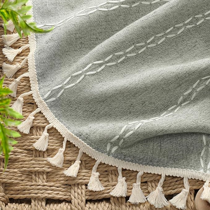 Boho Blackout Curtains 72 Inches Long Sage Green Linen Blend 2 Panels with Tassels and Cotton Embroidery, Farmhouse Vintage Rustic Rod Pocket Drapes for Living Room or Bedroom