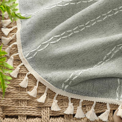 Boho Blackout Curtains 72 Inches Long Sage Green Linen Blend 2 Panels with Tassels and Cotton Embroidery, Farmhouse Vintage Rustic Rod Pocket Drapes for Living Room or Bedroom