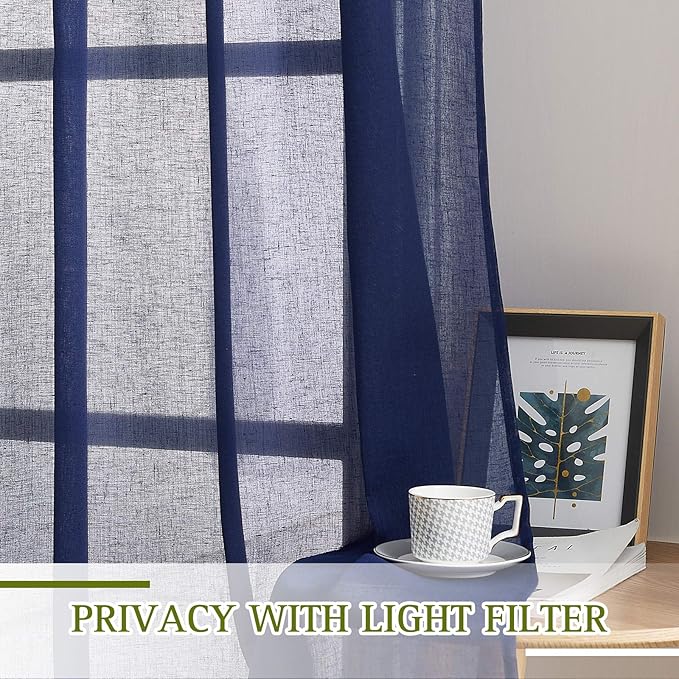 NICETOWN Natural Open Linen Weave Flax Textured Sheer Window Curtains, Medium Long Privacy Semi-Transparent Sheer Panels for Farmhouse / Bedroom, Total 2 Panels, Dark Blue,W52 x L72