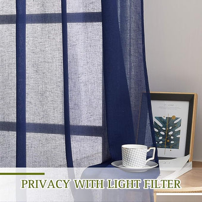 NICETOWN Natural Open Linen Weave Flax Textured Sheer Window Curtains, Medium Long Privacy Semi-Transparent Sheer Panels for Farmhouse / Bedroom, Total 2 Panels, Dark Blue,W52 x L72