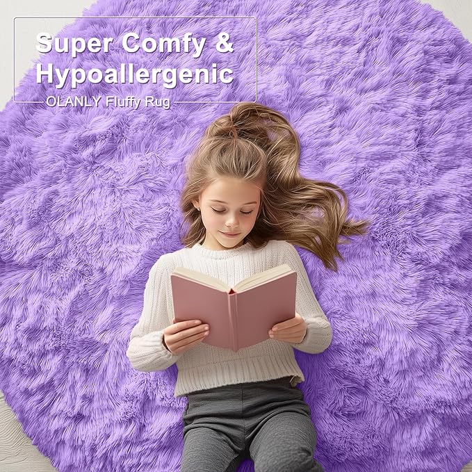 OLANLY Purple Round Rugs for Bedroom - Machine Washable, 2 ft Circle Area Rugs for Living Room, Soft and Fluffy Shaggy Carpet for Teen Girls and Boys, Nursery Rooms, Dorms, Home Decor Aesthetic