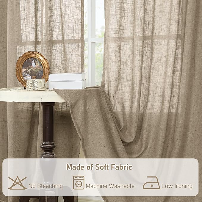 LAMIT 40 Inch Length Linen Curtains for Small Windows, Semi Sheer Light Filtering Panels Back Tab and Rod Pocket Country Decor Drapes for Basement/Kitchen, Taupe, 2 Panels, 34 x 40 Inch