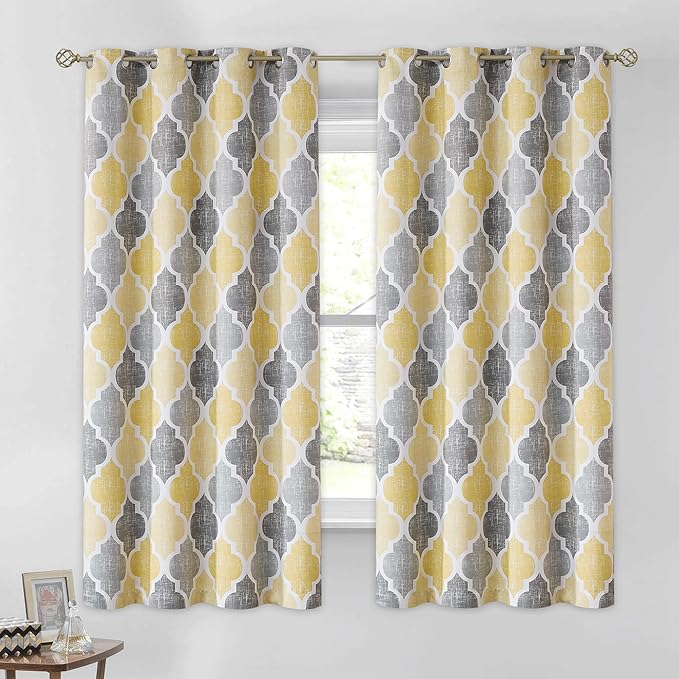Beauoop 100% Blackout Curtains 54 Inches Long 2 Panels for Bedroom Living Room Yellow Grey Moroccan Geo Room Darkening Thermal Insulated Soundproof Grommet Top Window Treatments Drapes, 50x54 Set of 2