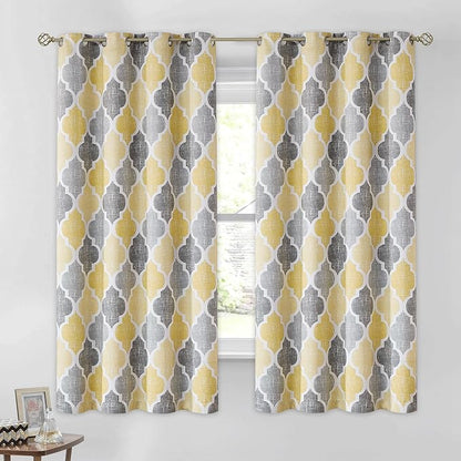 Beauoop 100% Blackout Curtains 54 Inches Long 2 Panels for Bedroom Living Room Yellow Grey Moroccan Geo Room Darkening Thermal Insulated Soundproof Grommet Top Window Treatments Drapes, 50x54 Set of 2